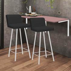 Imagem de Kit Mesa Suspensa de Parede Fixa MDF Rosa + 2 Banquetas Lexi Ferro Branco Sintético Preto - Ahazzo Móveis