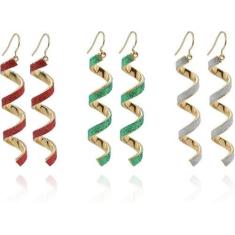 Imagem de 3 pares de brincos de argola de Natal para mulheres, brincos de argola de ouro torcido, enfeite de Natal, enfeite de Natal, vermelho e verde, conjunto de joias para presente, 5*2CM, Metal, Sem pedra
