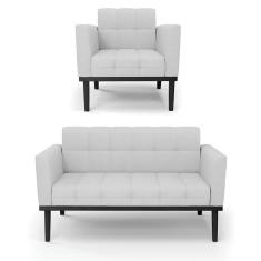 Imagem de Sofá Namoradeira E Poltrona Base De Madeira Preto Elisa Linho Cinza A05 D03 - D'rossi