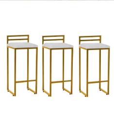 Imagem de Kit 03 Banqueta Alta Com Encosto Petra Balcão Bar Cozinha Bistrô Ferro Dourado Suede Branco - Ahazzo Móveis