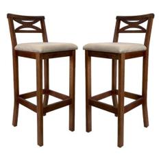 Imagem de Kit 2 Banquetas Alta X Estofada 38x104Cm Ilha Encosto Madri Madeira Maciça Castanho Suede Bege - CCS