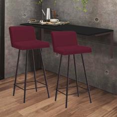 Imagem de Kit Mesa Suspensa de Parede Fixa MDF Preto + 2 Banquetas Lexi Ferro Marrom Suede Bordô - Ahazzo Móveis