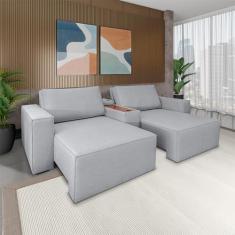Imagem de Sofá Decorativo Automatizado Shogun 272cm Reclinável 6 Posições Retrátil c/Console Central Entrada USB Bluetooth Linho Cinza Claro G33 - Gran Belo
