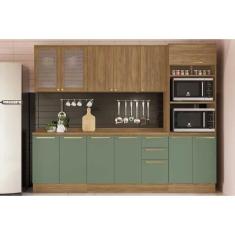 Imagem de Cozinha Modulada Completa Botanic 7 Peças (2Aéreos+2Balcões+1Paneleiro+2Complementos) C7P36 Nogueira/Verde - Kappesberg