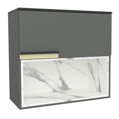 Imagem de Armário Aéreo 80cm 1 Porta Basculante 1 Nicho Cozinha Flórida Grafite/Calacatta