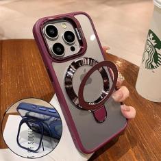 Imagem de ZXDK Suporte duplo, suporte magnético invisível e suporte de lente para iPhone 15 14 13 Pro Max, compatível com Magsafe, capa transparente à prova de choque militar (vermelho escuro, para iPhone 14