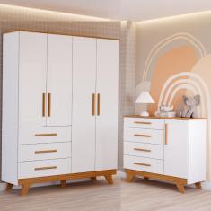 Imagem de Quarto de Bebê Completo com Guarda Roupa 4 Portas Cômoda 4 Gavetas Retrô 100% MDF Móveis Peroba