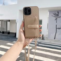 Imagem de Capa tipo carteira com bolso transversal para cartão para iPhone 11 12 13 14 Pro Max X XR XS Max 7 8 Plus Alça de couro capa traseira, cáqui, para iPhone14