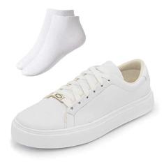 Imagem de Kit Tênis Feminino Preto Casual Com Cadarço Para Dia A Dia + Meia Branca Cano Curto