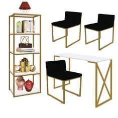 Imagem de Kit Escritório Bex 3 Cadeiras Suede Preto com 1 Mesa e 1 Livreiro Ferro Dourado MDF Branco - Ahazzo Móveis