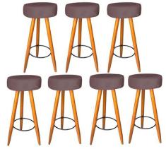 Imagem de Kit 07 Banqueta Alta Flora Pés Palito em Madeira Caramelo para  Bar Bi