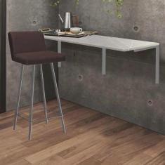 Imagem de Kit Mesa Suspensa de Parede Fixa mdf Marmorizado + 1 Banqueta Lexi Ferro Cinza Suede Marrom - Ahazzo Móveis