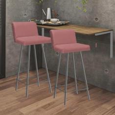 Imagem de Kit Mesa Suspensa de Parede Fixa mdf Rústico + 2 Banquetas Lexi Ferro Prata Suede Rose - Ahazzo Móveis