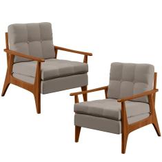 Imagem de Kit 02 Poltronas Decorativas Para Sala de Estar Encosto Ripado Emília B04 Linho Bege - Lyam Decor