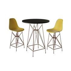 Imagem de Jogo Mesa Bistrô Eames Preta 60Cm 2 Banquetas Amarela Base Ferro Cobre - Cor: Preto