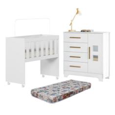 Imagem de Quarto de Bebê com Mini Berço com Colchão 5 em 1 Ariel e Cômoda 4 Gavetas 1 Porta Fly 100% Mdf Branco