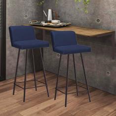 Imagem de Kit Mesa Suspensa de Parede Fixa MDF Castanho + 2 Banquetas Lexi Ferro Marrom Corino Azul Marinho - Ahazzo Móveis