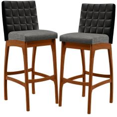 Imagem de Kit 02 Banquetas Altas Sala De Jantar Fixa Mila B04 Couríssimo Preto Linho Cinza Escuro - Lyam Decor