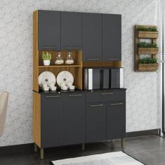 Imagem de Cozinha Compacta com 8 Portas 1 Gaveta e Espaço para Micro-ondas 100% Mdf San Marino Espresso Móveis Amêndoa/Cinza