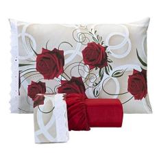 Imagem de Jogo De Lençol Estampado Casal Queen 03 Peças Rosas Vermelho Microperc