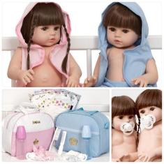 Imagem de Boneca Reborn Gêmeos Grande 46cm Com Kit Acessórios Infantil - Cegonha