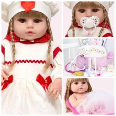 Imagem de Boneca Estilo Reborn Loira Bonita Enxoval Completo Acessórios - Cegonh