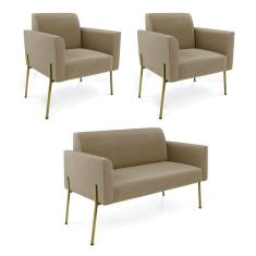 Imagem de Sofá Namoradeira e 2 Poltronas Pé de Ferro Dourado Marisa Suede Marrom Rato D03 - D`Rossi