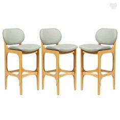 Imagem de Kit 3 Banquetas Alta com Encosto Decor Madeira Mel Linho Verde L84 RMI