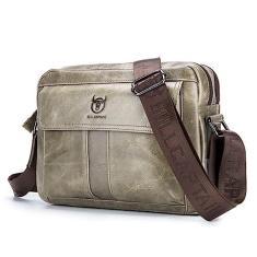 Imagem de Bolsa de Mão Masculina em Couro Genuíno Transversal de Ombro Bolsa Mensageiro com Múltiplos Bolsos Carteira a (Beige)