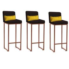 Imagem de Kit 03 Banqueta Alta com Encosto Lucca Industrial Cozinha Balcão Ferro Bronze Sintético Marrom e Almofada Amarelo - Ahazzo Móveis