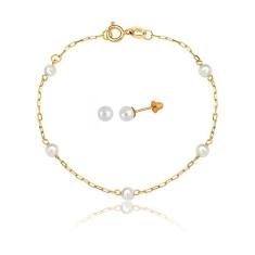 Imagem de Conjunto Infantil Bebê de Ouro 18k Pulseira e Brinco Pérola Natural