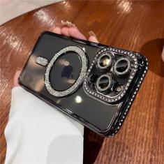 Imagem de Glitter diamante claro caso de telefone para iphone 15 14 13 12 11 pro max 15 plus magnético para capa de carga sem fio, preto, para iphone 12
