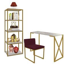 Imagem de Kit Escritório Bex 1 Cadeira Suede Bordô com 1 Mesa e 1 Livreiro Ferro Dourado MDF Marmorizado Cinza - Ahazzo Móveis