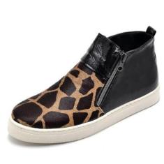 Imagem de Tenis Bota Casual Feminino Couro Cano Medio Ziper Estampa Girafa Palmilha Conforto Academia-Feminino