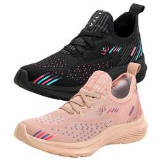 Imagem de Kit 2 Pares Tênis Vili Feminino para Caminhada Academia, 38, Pretopink
