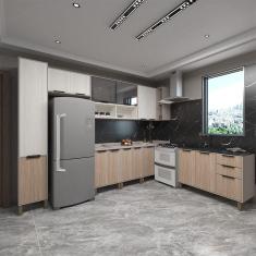 Imagem de Cozinha Completa 8Peças C Vidro Tampos S Pia Stylo Luciane Móveis Cinammon-teka ártico-cumaru