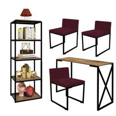 Imagem de Kit Escritório Bex 3 Cadeiras Suede Bordô com 1 Mesa e 1 Livreiro Ferro Preto MDF Freijó - Ahazzo Móveis