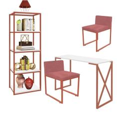 Imagem de Kit Escritório Bex 2 Cadeiras Suede Rose com 1 Mesa e 1 Livreiro Ferro Bronze MDF Branco - Ahazzo Móveis