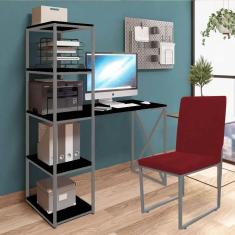 Imagem de Kit Escritório Mesa Max BeX 5 Prateleiras e Cadeira Stan Prata Tampo Preto Suede Vermelho - Ahz Móveis