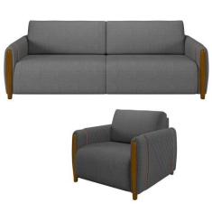 Imagem de Kit Sofá 3 Lugares Sala Estar 223cm Com Poltrona Flora Pés De Madeira