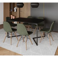Imagem de Mesa Industrial Retangular Base V Aço Preto 137x90cm Preta 6 Cadeiras Madeira Estofadas Verde