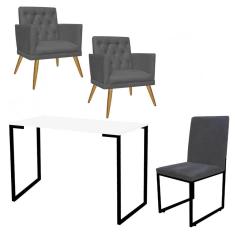 Imagem de Kit Escritório Stan 2 Poltronas Maria com Cadeira e Mesa Industrial Branco Preto Suede Cinza - Ahz Móveis