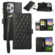 Imagem de Capa carteira para iPhone 11 Pro Max, capa de couro para celular com 6 compartimentos para cartão e 1 compartimento para dinheiro e 1 bolsa com zíper, fivela magnética à prova de choque com corda de