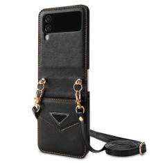 Imagem de Capa de telefone tipo carteira crossbody para Samsung Galaxy Z Flip 5 4 3 Flip5 Flip4 Flip3 5G com compartimento para cartões de crédito Capa de couro à prova de choque, preta, para Galaxy Z Flip