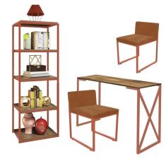 Imagem de Kit Escritório Bex 2 Cadeiras Suede Terracota com 1 Mesa e 1 Livreiro Ferro Bronze MDF Freijó - Ahazzo Móveis