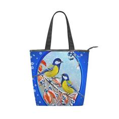 Imagem de Bolsa feminina de lona durável pequena pássaro  bagas grande capacidade sacola de compras bolsa de ombro