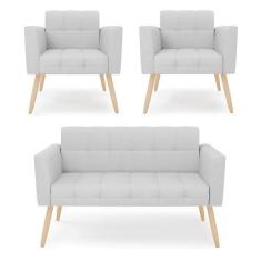Imagem de Kit 1 Sofá Namoradeira E 2 Poltronas Elisa Linho Pés Palito Natural -