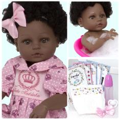 Imagem de Boneca Bebê Reborn Real 100% Silicone Negra Cabelo Cacheado