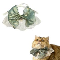 Imagem de Coleira de gato com laço de organza, pingente de pérola, laço de tecido de organza com renda, coleiras ajustáveis para animais de estimação, decoração etérea, acessórios de colar de gatinho para