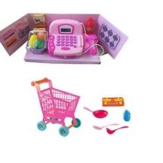 Imagem de Máquina registradora infantil de brinquedo com carrinho compra grande fogão e cesta com acessórios BBR G